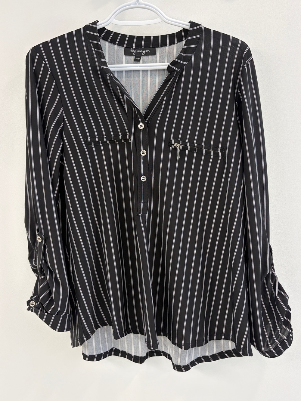 NWT Lily Morgan - Black Pinstripe Button-Front Women's Blouse - Medium